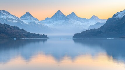 Wall Mural - Serene lake reflects majestic snow-capped mountains at sunset. Travel background