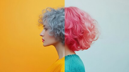 Poster - Transformation from gray to vibrant color showcases the beauty of changing hairstyles and self expression. Generative AI