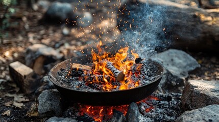 outdoor campfire in a metal bowl with glowing embers and dancing flames
