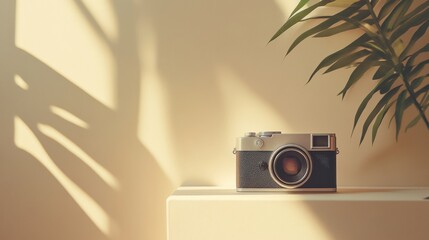 Poster - Vintage camera rests on a surface with warm sunlight filtering through nearby greenery. Generative AI