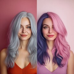 Poster - Transformation from gray hair to vibrant pink and purple hair in a stylish side by side comparison. Generative AI