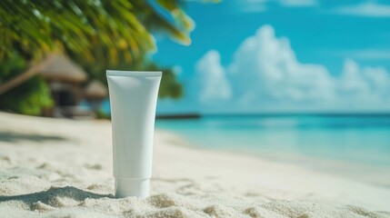 Aufkleber - Cosmetics cream tube resting on sandy beach with clear ocean water and clouds in the background during a sunny day. Generative AI