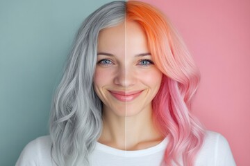 Aufkleber - Transition from gray hair to vibrant dyed hair showcasing a colorful hair transformation. Generative AI