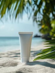Aufkleber - Cosmetics cream tube on sandy beach with palm leaves and serene ocean backdrop during sunny day. Generative AI