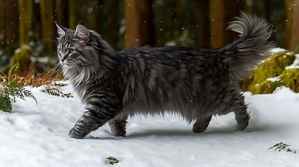 maine coon cat snow forest walk