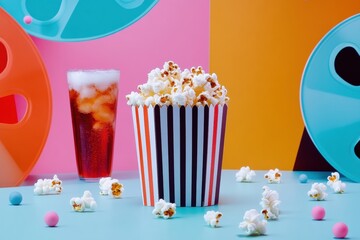 Poster - Colorful popcorn bucket and drink create a vibrant movie time atmosphere on a playful background. Generative AI