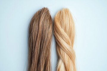 Aufkleber - Comparison of healthy smooth hair and brittle damaged hair with clear text space for further information. Generative AI
