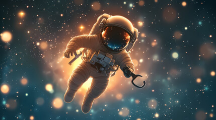 Canvas Print - A cartoonish astronaut floating in space, holding a wrench amidst sparkling stars. Shadowfire Summoners. Illustration