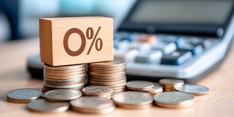 Poster - tax season financial calculation with percent sign on wooden block and coins office desk environment