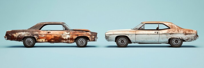Poster - Side by side comparison of a rusted dented car and a flawlessly restored vehicle showcasing repair transformation. Generative AI