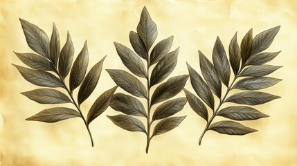 Wall Mural - Three symmetrical leafy branches on faded yellow. Background for design projects