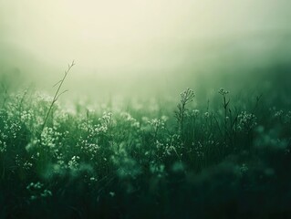Wall Mural - misty morning field, wildflowers, peaceful scene, nature background, website banner