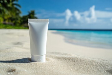 Aufkleber - Cosmetics cream tube on sandy beach with blue ocean and clouds in background during sunny day. Generative AI