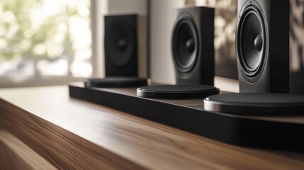 Poster - Modern black speakers arranged on a sleek wooden surface, capturing the essence of high quality audio equipment essential for professional filmmaking and sound production environments