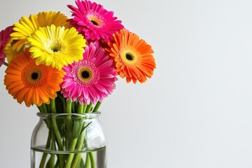 Aufkleber - Bright and colorful gerbera daisies arranged in a glass vase on a plain background. Generative AI