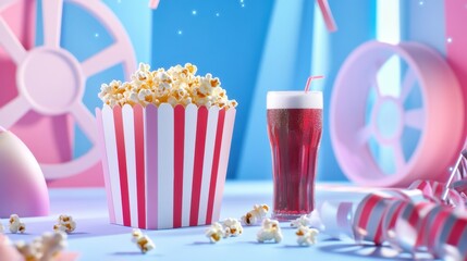Poster - Enjoying colorful popcorn and soda in a bright fun setting for a movie night at home. Generative AI