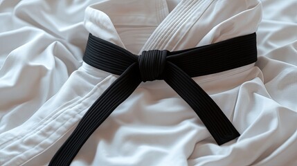 Black belt on karate gi, martial arts, training, achievement, fabric background