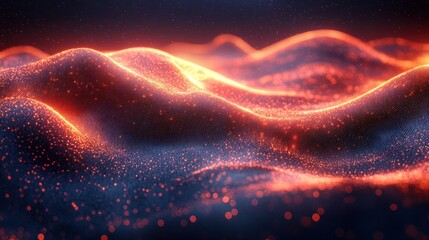 Wall Mural - Abstract fiery landscape, glowing particles flowing, dark background, digital art, background image