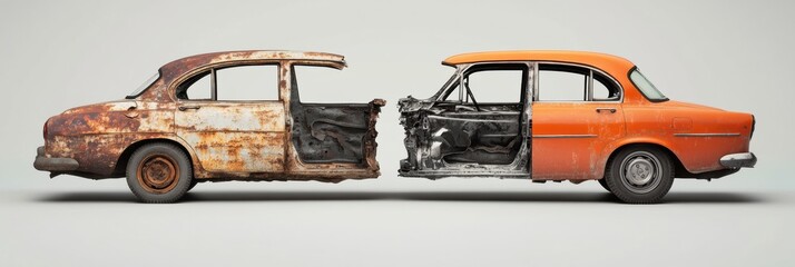 Poster - Transforming a dented and rusted car into a perfectly repaired vehicle showcases restoration efforts and craftsmanship skills. Generative AI