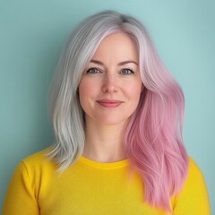 Aufkleber - Side by side transformation of gray hair to vibrant pink dyed hair showcasing a stunning color change for a unique style. Generative AI