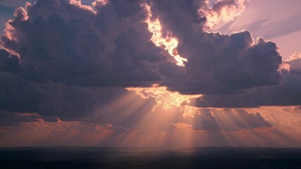 Poster - sunset with dramatic clouds and sun rays in the evening sky, nature beauty and tranquility concept