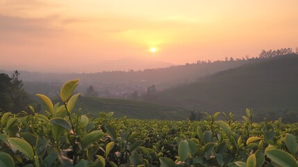 Wall Mural - Serene Sunrise over Tea Plantation