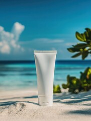 Aufkleber - Cosmetics cream tube on sandy beach with clear ocean water and blue sky in the background during sunny daylight. Generative AI