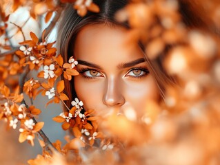 autumn themed portrait of young woman with striking blue eyes peering through golden foliage, warm t