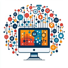 global network connections, computer screen, data flow, digital world, web technology illustration