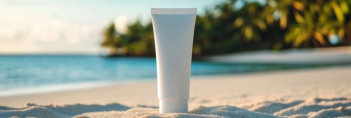 Aufkleber - Cosmetics cream tube rests on soft sand with serene beach and lush palm trees in background during sunny day. Generative AI