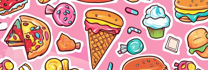 Leinwandbilder - Playful food stickers featuring colorful pizza slices and a variety of sweet treats on a vibrant pink background. Generative AI