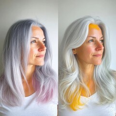 Aufkleber - Comparison of gray hair transitioning to vibrant dyed hair showcasing a bold transformation. Generative AI