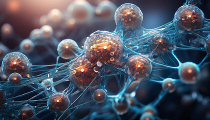 Poster - A complex network of interconnected spheres and lines, representing a neural network or a molecule. Generative AI.