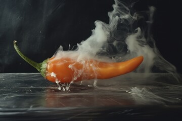 Canvas Print - Orange pepper sits surrounded by plumes of white smoke