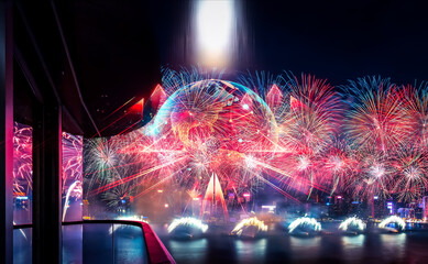 Poster - Vibrant double exposure concept of fireworks over Hong Kong's skyline, symbolizing the city growing up dynamically.