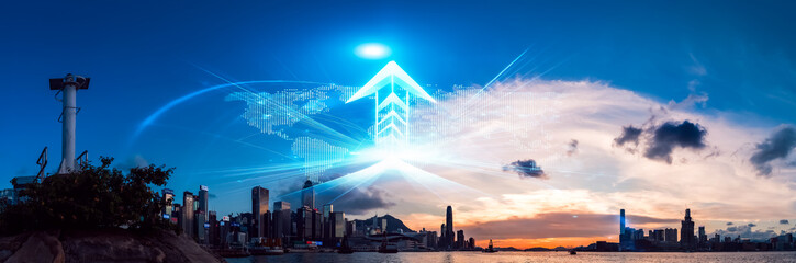 Poster - Double exposure concept representing growing up in Hong Kong, featuring city skyline and a bright upward arrow against a blue sky.