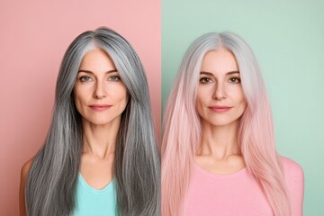 Poster - Comparison of gray hair transitioning to vibrant pink dyed hair with clear background and text space available. Generative AI