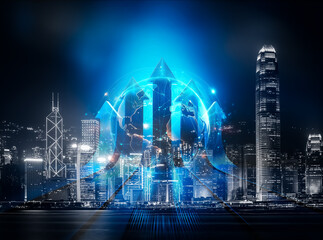 Poster - Hong Kong cityscape with double exposure, a concept showing urban development growing up with illuminated skyscrapers at night.
