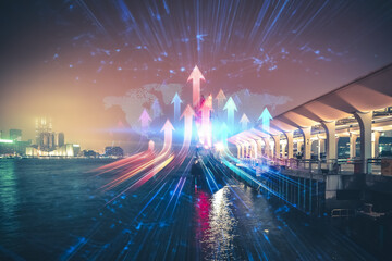 Poster - Double exposure concept of growing up in Hong Kong, featuring upward arrows and city lights over a waterfront scene.