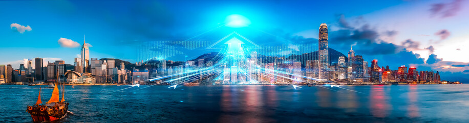 Poster - Hong Kong cityscape concept, growing up with double exposure effect. Vibrant urban skyline blends sky and water in a scenic panorama.