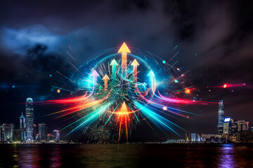 Poster - A double exposure concept of Hong Kong at night. Arrows growing up from the city explode in vibrant colors, reaching for the sky.