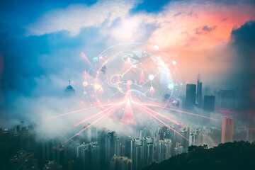 Poster - Hong Kong cityscape with a double exposure effect, showing a growing network concept over the urban skyline, reaching up into the cloudy sky.