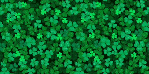 Wall Mural - Clover leaf background or shamrock pattern for Patrick day background. Vector realistic shamrock clover leaves field background