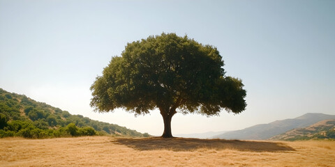 Wall Mural - Majestic Oak Tree Standing Alone in Expansive Golden Grassland under Clear Blue Sky