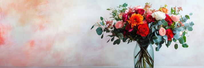 Aufkleber - Colorful floral arrangement in a glass vase displayed against a softly textured background. Generative AI
