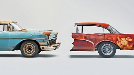 Poster - Comparison of a dented rusted car and a perfectly repaired vehicle showcasing transformation in auto restoration. Generative AI
