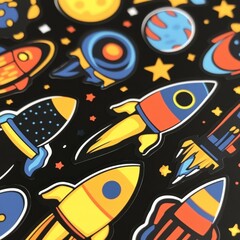 Poster - Vibrant collection of rocket stickers against a black space themed background with planets and stars. Generative AI