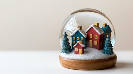 A festive snow globe with charming houses in blue and red, set in a dreamy winter landscape, copy space.