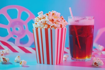 Poster - Enjoying popcorn and soda at a vibrant movie night with nostalgic elements and colorful lighting. Generative AI