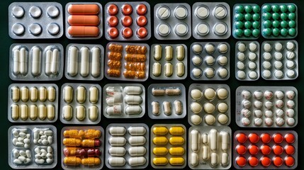 Assorted blister packs of various pills and capsules on dark green surface